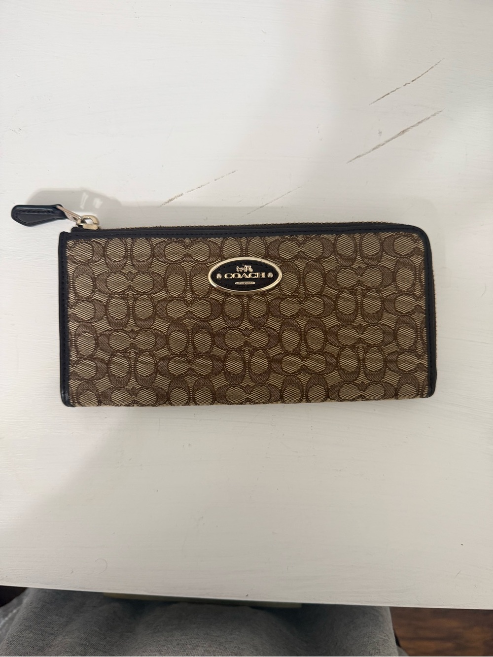 Coach Zip Wallet in Brown Signature Canvas with Black Trim